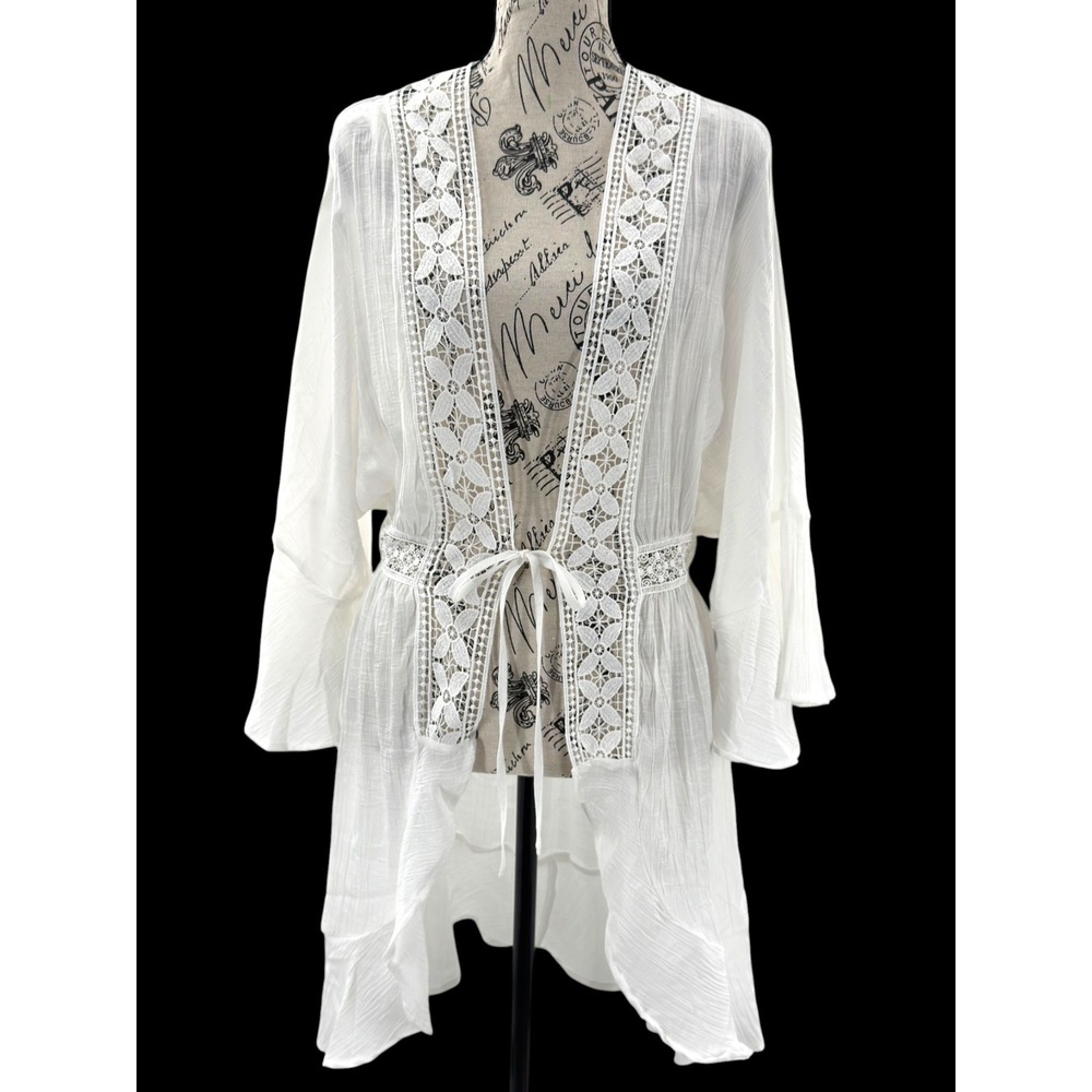 Love Tree Lace Trim Kimono M White Boho Bell Sleeve Tie Front Beach Cover Bridal